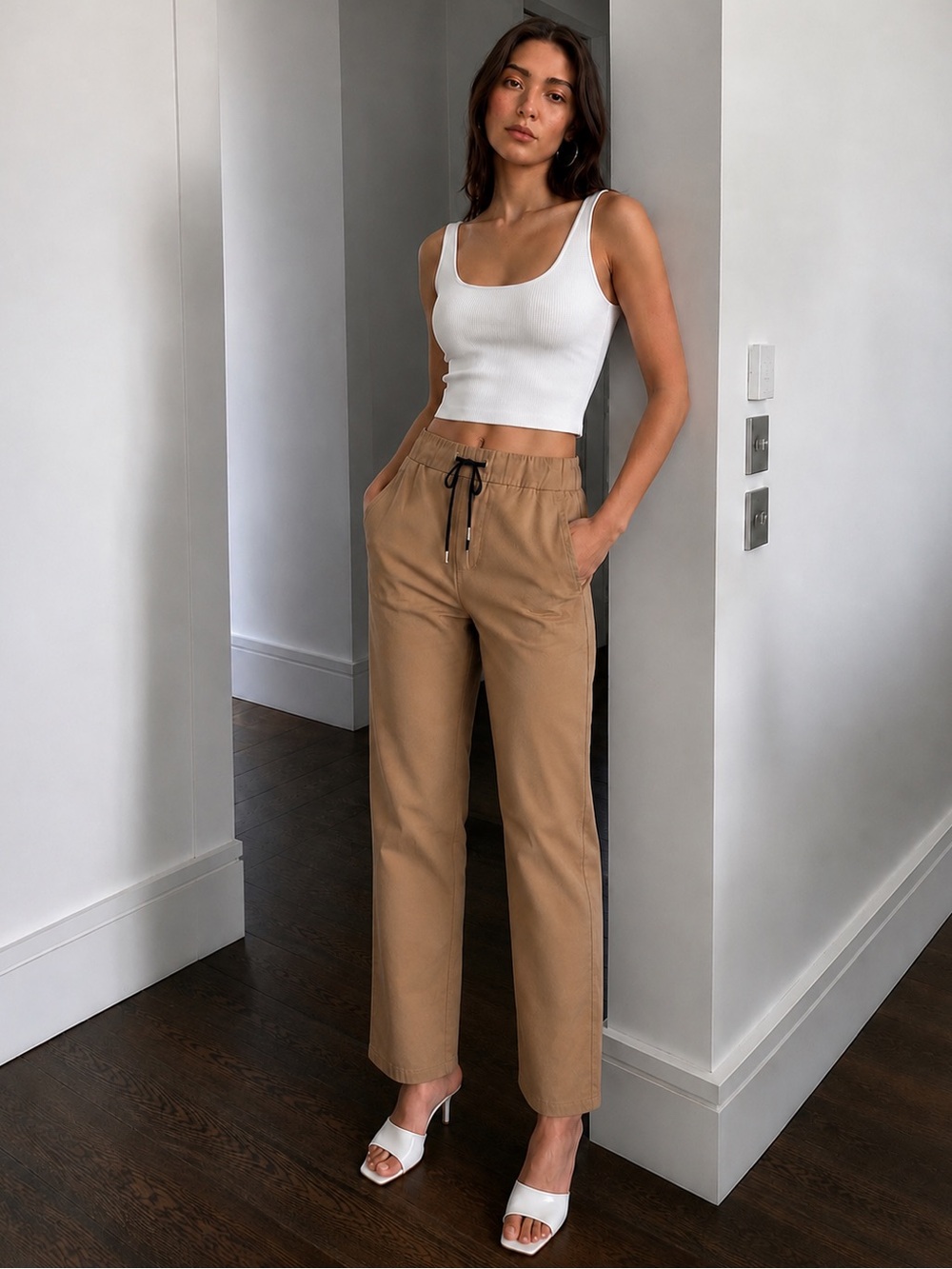 Made in Italy Magic Pants Taupe Stretch Drawstring Trousers Size M